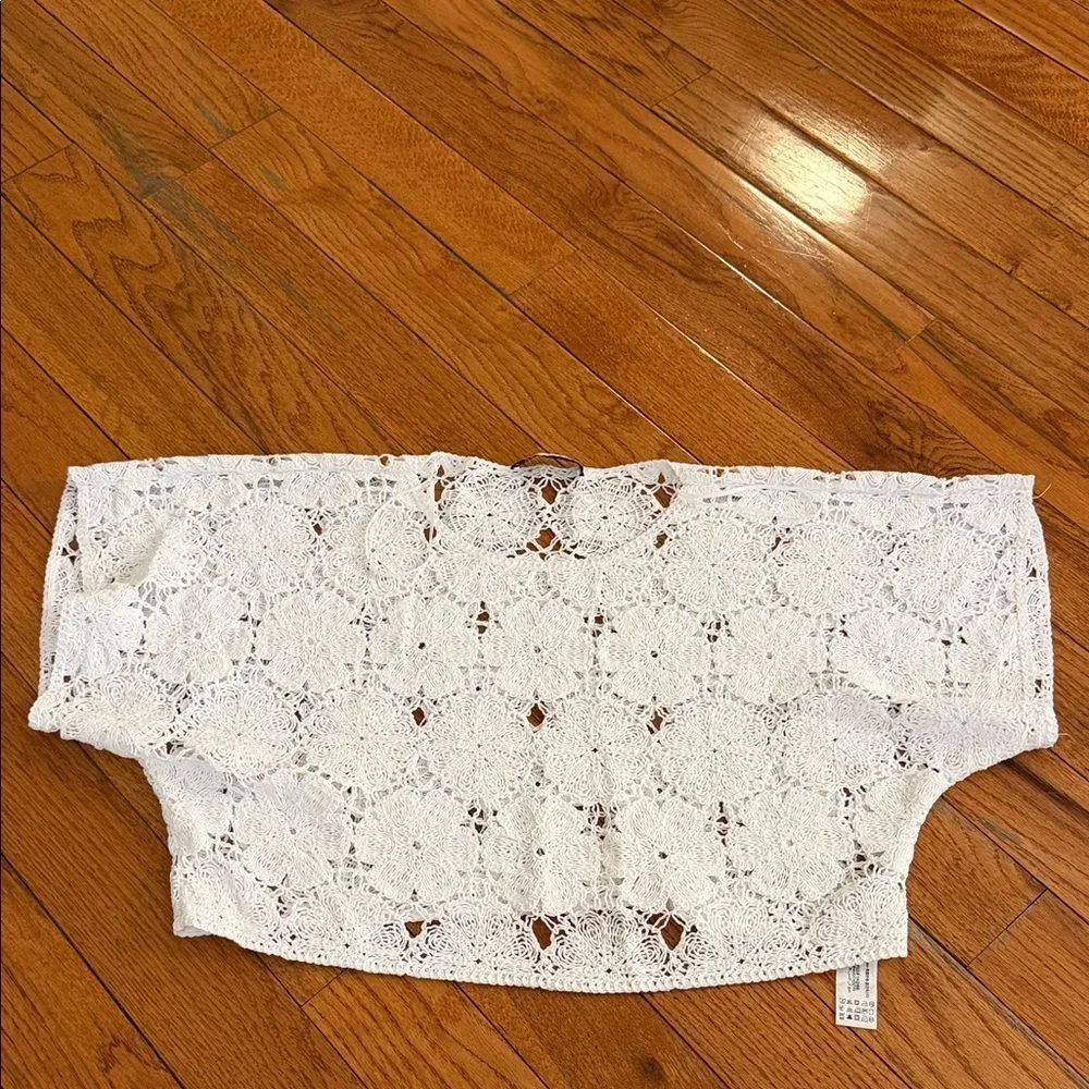 Zara White Cropped Crochet Lace Off-Shoulder Top